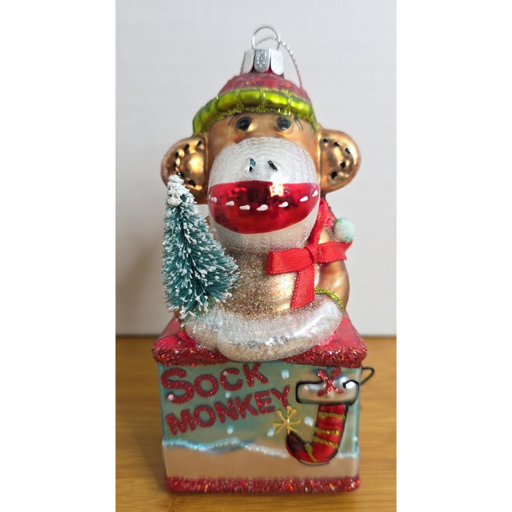Kurt Adler‎ Sock Monkey Jack in the Box Christmas Ornament Blown Glass 6" Tall